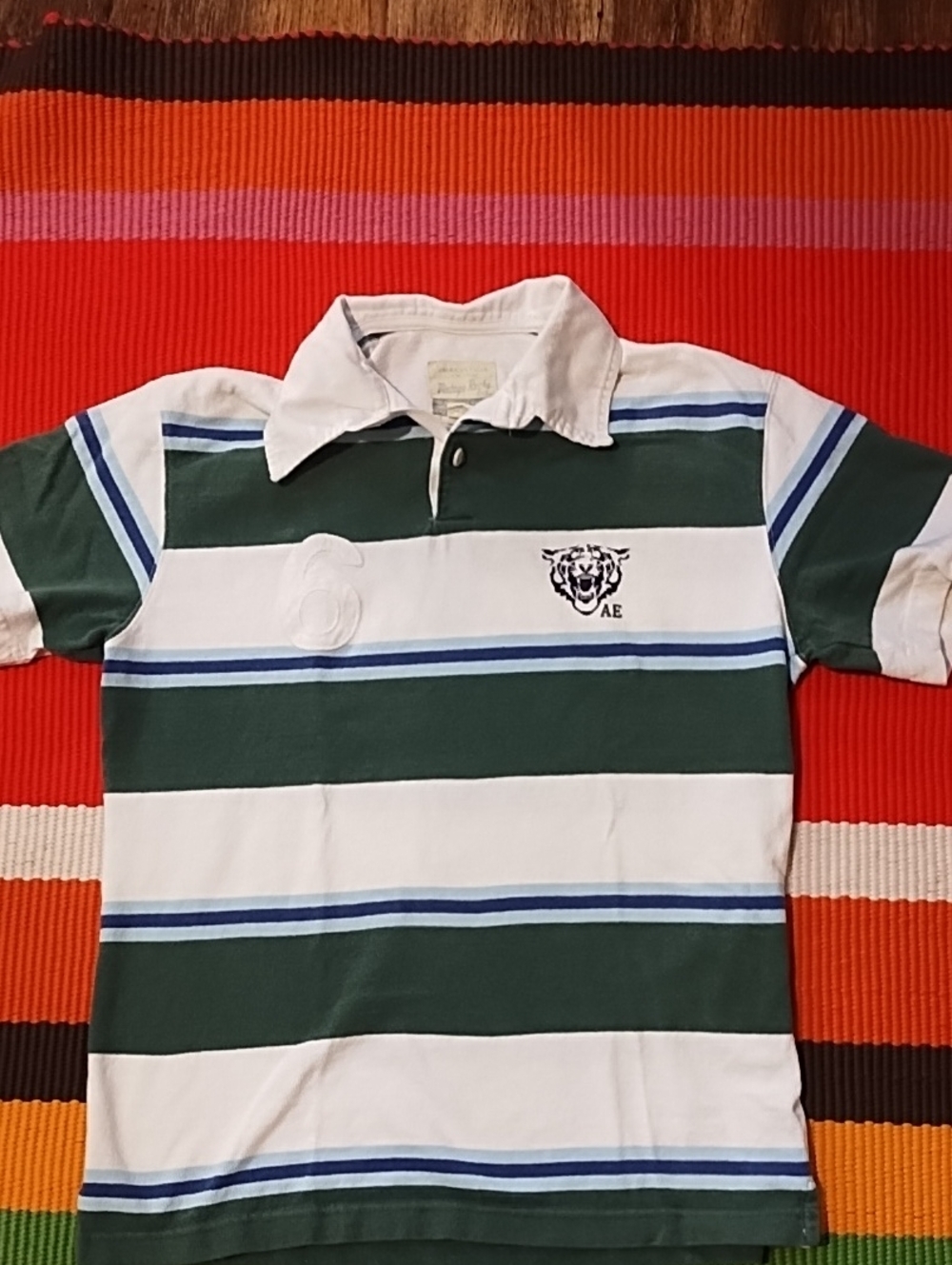 AEO Kids Green and White Striped Polo Shirt Big Boys XS VGC.